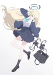  1girl ammunition_pouch aqua_bow aqua_bowtie bag black_skirt blonde_hair blue_archive blue_cardigan blue_eyes blue_halo blue_streaks bow bowtie braid cardigan collared_shirt earpiece floating_hair foot_up_heel_up full_body hakuaiiii half_up_braid halo hand_up highres holding long_hair long_sleeves looking_at_viewer multicolored_hair official_alternate_costume open_cardigan open_clothes pleated_skirt pouch school_bag school_uniform shirt simple_background skirt solo streaked_hair toki_(blue_archive) toki_(school_uniform)_(blue_archive) white_background white_shirt 