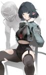  1boy 1girl absurdres animal_ear_piercing animal_ears arms_behind_back black_hair black_necktie black_shorts breasts chair commentary coteri fur-trimmed_jacket fur_trim garter_straps grey_jacket high-waist_shorts highres hollow_thug_raider_(zenless_zone_zero) jacket jane_doe_(zenless_zone_zero) large_breasts long_hair mouse_ears mouse_girl mouse_tail multicolored_hair necktie notched_ear on_chair pantyhose red_hair red_necktie shorts simple_background single_garter_strap single_leg_pantyhose single_thighhigh sitting tail thighhighs torn_clothes torn_pantyhose torn_thighhighs two-tone_necktie white_background zenless_zone_zero 