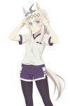  1girl absurdres adjusting_hair_ornament ahoge animal_ears black_pantyhose blue_eyes blue_shorts caster_project closed_mouth commentary diamond_hairband ear_ornament grey_hair gym_shirt gym_shorts highres horse_ears horse_girl kasamatsu_tracen_training_uniform light_frown long_hair looking_at_viewer oguri_cap_(umamusume) pantyhose pantyhose_under_shorts shirt short_shorts short_sleeves shorts simple_background solo standing t-shirt umamusume umamusume:_cinderella_gray v-neck white_background white_shirt 