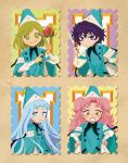  4girls :< agott_arklaum_(tongari_boushi_no_atelier) aqua_cloak aqua_hat blue_eyes blue_hair blush_stickers cloak closed_mouth coco_(tongari_boushi_no_atelier) commentary conical_hat english_commentary flower green_eyes green_hair hands_on_own_hips hat hat_tassel highres holding holding_flower holding_quill joylychi long_hair long_sleeves looking_at_viewer multiple_girls open_mouth orange_eyes pink_hair postage_stamp purple_eyes purple_hair qifrey's_atelier_apprentice_uniform quill red_flower richeh_(tongari_boushi_no_atelier) short_hair smile tetia_(tongari_boushi_no_atelier) tongari_boushi_no_atelier two_side_up v-shaped_eyebrows wizard_hat 