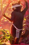 anthro balls blindfold bottomwear brown_body brown_fur clothed clothing digital_media_(artwork) forest fur genitals guardians_of_the_galaxy hi_res holding_object ineffective_clothing loincloth loincloth_only male mammal marvel outside partially_submerged penis plant procyonid raccoon rocket_raccoon sidekick solo standing topless topless_anthro topless_male translucent translucent_clothing translucent_loincloth tree water