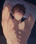  1boy abs absurdres armpits arms_up blue_eyes blush brown_hair close-up commentary_request from_below half-closed_eyes highres indoors large_pectorals lifting_own_clothes looking_at_viewer male_focus muscular muscular_male navel night nipples okonon_(kado_colda) original pectoral_cleavage pectorals sample_watermark shy solo spiked_hair sweat topless_male undressing upper_body very_sweaty watermark 