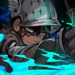  1boy aisu_(ahono_ice) animal_ear_helmet animal_helmet black_background black_gloves blue_eyes blue_fire closed_mouth eye_mask fire gloves half_eye_mask hand_up highres j_(reverse:1999) j_(the_lone_wolf's_howl)_(reverse:1999) looking_at_viewer male_focus mask mask_over_one_eye portrait reverse:1999 solo twitter_username 