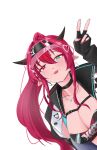  1girl absurdres aztli_jiz bandeau black_bandeau black_gloves black_horns black_jacket bloom_(irys) blue_eyes breasts cleavage commentary earrings fingerless_gloves gloom_(irys) gloves heterochromia highres hololive hololive_english horns irys_(hololive) irys_(race_queenrys)_(hololive) jacket jewelry large_breasts looking_at_viewer multicolored_hair necklace pink_eyes pink_hair pointy_ears ponytail print_bandeau red_streaks simple_background solo streaked_hair tongue tongue_out v virtual_youtuber visor_cap white_background 