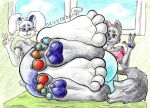  2026 4_toes 5_fingers anthro arm_tuft ballpoint barefoot bed bedroom better_version_at_source blue_bottomwear blue_clothing blue_eyebrows blue_eyes blue_nose blue_shorts bottomwear canid canine canis cheek_tuft claws clothed clothing colored_pencil_(artwork) detailed_background duo eyebrows facial_tuft feet femboy finger_claws fingers foot_fetish foot_focus front_view furniture graphite_(artwork) grey_body grey_clothing grey_shirt grey_topwear hi_res inner_ear_fluff inside lagomorph looking_at_viewer lying lying_on_bed male male/male mammal multicolored_body multicolored_eyebrows multicolored_eyes multicolored_pawpads oeuvrebunny on_bed on_side pawpads pink_clothing pink_shirt pink_topwear rainbow_body rainbow_eyebrows rainbow_eyes rainbow_nose rainbow_pawpads rear_view scut_tail shirt short_tail shorts shoulder_tuft smile soles t-shirt tail toe_claws toes toony topwear traditional_media_(artwork) tuft white_body wolf 