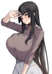  1girl :q absurdres amaterasu_(himegami_emaki) black_hair blunt_bangs blush breasts bright_pupils brown_shirt closed_mouth cowboy_shot defaultkavy hand_up heart heart-shaped_pupils highres hime_cut himegami_emaki huge_breasts long_hair long_sidelocks looking_at_viewer pants red_eyes shirt shirt_tucked_in sidelocks simple_background solo sweatdrop symbol-shaped_pupils tented_shirt three-quarter_sleeves tongue tongue_out very_long_hair white_background white_pants white_pupils 