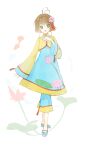  1girl antenna_hair blue_dress blue_pants blue_shoes brown_hair cardcaptor_sakura chinese_clothes collared_jacket commentary_request dot_nose dress fish flats floral_print flower flying_fish full_body green_eyes hair_flower hair_intakes hair_ornament hand_on_own_chest happy high_collar highres jacket kinomoto_sakura kinomoto_sakura_(lotus) koi layered_sleeves light_blush lily_pad long_sleeves lotus mandarin_collar miqing open_mouth pants pants_under_dress pink_flower print_dress print_shoes print_sleeves shoes short_dress short_hair_with_long_locks sidelocks smile solo standing tareme tassel tassel_hair_ornament water_drop white_background wide_sleeves yellow_jacket 
