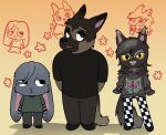 adriana_ortega aggretsuko alternate_species alternative_fashion ambiguous_gender angel_martinez anthro bottomwear canid canine canis checkered checkered_bottomwear checkered_clothing checkered_pants clinical_trial clothing domestic_cat domestic_dog eyeshadow felid feline felis female furrification group hoodie lagomorph lee_smith leporid makeup male mammal pants pattern_bottomwear pattern_clothing pattern_pants rabbit sanrio scene_(fashion) shirt sweatpants t-shirt tank_top topwear trio yaxor11