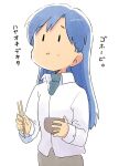  1girl :i blue_hair bowl chopsticks closed_mouth collared_shirt cowboy_shot food food_on_face holding holding_bowl holding_chopsticks idolmaster idolmaster_(classic) idolmaster_1 kisaragi_chihaya long_hair long_sleeves rice rice_on_face shirt simple_background solid_oval_eyes solo standing translation_request tsubobot white_background white_shirt 