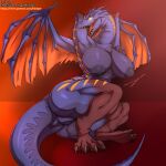  2020 absurd_res anthro anus areola ark_survival_evolved big_areola big_breasts big_butt blue_body blue_scales breasts butt curvy_figure digital_media_(artwork) dragon eyelashes feet female glowing glowing_eyes hands_behind_head hb-viper hi_res huge_breasts huge_butt long_neck long_tail multicolored_body multicolored_scales nipples nude orange_background orange_body orange_scales orange_stripes red_body red_scales scales scalie sharp_teeth signature simple_background smile solo spread_wings striped_body striped_scales stripes teeth thick_thighs toes tongue voluptuous wide_hips wings yellow_sclera 