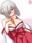  1girl alternate_costume artist_logo blue_eyes breasts cleavage collarbone commentary_request cowboy_shot dated food food_on_breasts fruit hair_ornament hair_over_one_eye hairclip hamakaze_(kancolle) hand_on_breasts japanese_clothes kanon_(kurogane_knights) kantai_collection large_breasts mandarin_orange miko off-shoulder_kimono one-hour_drawing_challenge short_hair silver_hair simple_background solo tears upper_body white_background 
