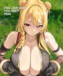  1girl :/ absurdres arm_strap bare_shoulders belt black_gloves black_shirt blonde_hair blurry blurry_background braid breasts brown_belt brown_gloves cleavage commentary double_bun elbow_gloves english_commentary english_text gloves gold_trim gurumie hair_bun highres hololive hololive_indonesia kaela_kovalskia kaela_kovalskia_(5th_costume) large_breasts light_blush long_hair looking_at_viewer multicolored_gloves official_alternate_costume official_alternate_hairstyle parted_lips plastron_(necklace) red_eyes ribbed_shirt shirt side_braid single_braid sleeveless sleeveless_shirt solo sweat two-sided_gloves two-tone_gloves upper_body virtual_youtuber 
