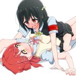  2girls :| armband asymmetrical_docking black_hair black_skirt black_vest blue_shirt blush bob_cut breast_press breasts closed_mouth collarbone collared_shirt expressionless eye_contact fang grey_socks hichi_(asa_makudo) highres looking_at_another love_live! love_live!_nijigasaki_high_school_idol_club lying medium_breasts medium_hair mifune_shioriko miniskirt multiple_girls neck_ribbon nijigasaki_school_uniform nose_blush on_back open_mouth pink_ribbon pleated_skirt red_armband red_eyes red_hair ribbon school_uniform shirt short_sleeves simple_background skirt small_breasts socks split_mouth summer_uniform sweater_vest uehara_ayumu vest white_background yellow_eyes yellow_ribbon yellow_sweater_vest yuri 