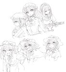  2girls :d arm_behind_back blush bow bowtie buttons capelet closed_eyes closed_mouth collared_dress dress guitar hair_between_eyes hair_bow hand_on_headwear hands_on_own_chest happy hat hat_bow highres holding holding_guitar holding_instrument instrument kashiwada_kiiho long_hair maribel_hearn medium_hair mob_cap multiple_girls multiple_views necktie one_eye_closed open_mouth parted_lips ribbon-trimmed_capelet ribbon_trim sad shirt short_sleeves sidelocks sketch skirt smile sweatdrop touhou usami_renko white_background white_hat worried 