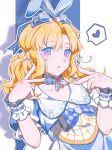  1girl animal_ears animal_print apron argyle_bow argyle_bowtie argyle_choker argyle_clothes artist_name back_bow black_bow black_choker blonde_hair blue_background blue_bow blue_bowtie blue_eyes blue_skirt blushbunny_(infinity_nikki) bow bow_choker bowtie brooch chinese_commentary choker collared_shirt commentary_request cowboy_shot diamond_print double_v expressionless eyes_visible_through_hair fake_animal_ears fingernails floppy_ears frilled_sleeves frilled_wrist_cuffs frills hair_bow heart heart_brooch high-waist_skirt highres infinity_nikki jewelry kuailexiugou26929 lace-trimmed_choker lace-trimmed_shirt lace_trim long_hair looking_at_viewer multicolored_eyes nikki_(series) outline parted_bangs plaid_apron plaid_clothes print_bow print_shirt puffy_short_sleeves puffy_sleeves purple_eyes rabbit_ears rabbit_print rewound_daydream_(infinity_nikki) shadow shirt short_sleeves skirt solo speech_bubble spoken_heart standing two-tone_background two-tone_bow two-tone_eyes v waist_apron waist_bow wavy_hair white_apron white_background white_bow white_outline white_shirt white_wrist_cuffs wrist_cuffs 