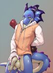 2022 agamid animal_dildo animal_sex_toy anthro balls blue_body bottomless bottomless_anthro bottomless_male clothed clothing countershade_balls countershade_crotch countershade_face countershade_genitalia countershade_tail countershade_torso countershading dildo equine_dildo erection eyewear frilled_lizard genital_piercing genitals glasses gradient_background green_eyes hi_res holding_dildo holding_object holding_sex_toy horn humanoid_genitalia humanoid_penis lizard looking_at_viewer male male_anthro mintyderg penis penis_piercing piercing prince_albert_piercing purple_body reptile scalie scrotum_piercing serris_(varuna-the-magnificent) sex_toy simple_background smile solo standing tail tan_body tan_penis vein veiny_penis wearing_glasses