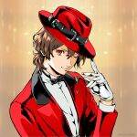  1boy adjusting_clothes adjusting_headwear akechi_goro arrow_(symbol) atlus black_bow black_bowtie bow bowtie brown_hair copyright_notice fedora formal_clothes gloves hat highres long_sleeves looking_at_viewer medium_hair official_art one_eye_closed persona persona_5 ponytail red_hat red_suit saitou_rokuro sega smile solo suit traditional_bowtie upper_body white_gloves 