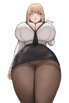  1girl absurdres artist_name black_necktie black_skirt breasts brown_hair brown_pantyhose commentary_request curvy emma_(nikke) emma_(office_therapy)_(nikke) from_below glasses goddess_of_victory:_nikke high-waist_skirt highres huge_breasts korean_commentary lace-trimmed_panties lace_trim loose_necktie necktie noorung office_lady official_alternate_costume panties panties_under_pantyhose pantyhose pencil_skirt shirt skirt solo standing thick_thighs thighs underwear white_background white_shirt 
