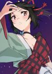  1girl black_choker black_hair blush bow breasts butterfly_choker choker cleavage collarbone commentary green_kimono hadanugi_dousa highres itoshiki_yume_yo_izanaite japanese_clothes kimono love_live! love_live!_nijigasaki_high_school_idol_club love_live!_nijigasaki_high_school_idol_club_the_movie_-_finale medium_breasts mifune_shioriko night open_mouth poizun_(user_wmgk4287) ponytail purple_sky red_bow red_eyes sidelocks sky solo star_(sky) starry_sky upper_body 