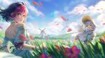  2girls absurdres alisa_(osu!) artist_name backless_dress backless_outfit bare_shoulders black_hair blue_sky colored_bangs commentary contest_winner dress english_commentary floating_hair frilled_dress frills hat highres looking_at_viewer looking_back multicolored_hair multiple_girls off-shoulder_dress off_shoulder osu! outdoors parted_lips pink_hair pippi_(osu!) porukana puffy_short_sleeves puffy_sleeves purple_eyes purple_hair short_sleeves signature sky straw_hat two-tone_hair white_dress 