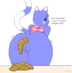 animal_crossing anthro anus artist_name asking_viewer bent_over blue_body blue_fur bottomless bottomless_anthro bottomless_female butt clothed clothing dipstick_ears domestic_cat ear_markings english_text feces feces_pile felid feline felis female female_pooping fur genitals hi_res looking_at_viewer looking_back looking_back_at_viewer mammal multicolored_ears nintendo pink_cheeks pooping purple_eyes raised_tail rear_view rosie_(animal_crossing) scatplay simple_background smile solo tail talking_to_viewer text tonrip vulva white_background white_body white_fur