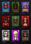  6+girls absurdres ahoge alex_(degrees_of_lewdity) alex_(female)_(degrees_of_lewdity) bailey_(degrees_of_lewdity) bailey_(female)_(degrees_of_lewdity) bandaged_arm bandages black-framed_eyewear black_hair bra breasts briar_(degrees_of_lewdity) briar_(female)_(degrees_of_lewdity) brown_hair character_name cleavage color_guide commentary dark-skinned_female dark_skin degrees_of_lewdity earrings eden_(degrees_of_lewdity) eden_(female)_(degrees_of_lewdity) english_commentary glasses green_bra green_eyes grey_bra grey_eyes grey_hair hair_between_eyes hair_over_one_eye harper_(degrees_of_lewdity) harper_(female)_(degrees_of_lewdity) highres jewelry landry_(degrees_of_lewdity) landry_(female)_(degrees_of_lewdity) leighton_(degrees_of_lewdity) leighton_(female)_(degrees_of_lewdity) multiple_girls purple_eyes queenyuriiii quinn_(degrees_of_lewdity) quinn_(female)_(degrees_of_lewdity) red_hair remy_(degrees_of_lewdity) remy_(female)_(degrees_of_lewdity) scar scar_on_arm scar_on_chest tan tanlines underwear 