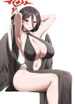  1girl adjusting_hair bare_shoulders black_dress black_hair black_wings blue_archive blush breasts choker cleavage collarbone criss-cross_halter dress earrings evening_gown hair_between_eyes hair_ornament hairpin halo halterneck hasumi_(blue_archive) highres jewelry large_breasts long_hair long_hair_between_eyes looking_at_viewer low_wings navel panzaa parted_lips ponytail red_eyes red_halo sitting solo thighs very_long_hair wings 
