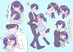  1boy 1girl animal_ears artist_request black_hair blue_background collage flower formal fukumaru_koito hair_flower hair_ornament hair_ribbon highres hug idolmaster idolmaster_shiny_colors looking_at_viewer miniskirt necktie petting pink_necktie pleated_skirt producer_(idolmaster) purple_eyes ribbon school_uniform short_hair skirt squirrel_ears squirrel_tail suit symbol-only_commentary tail translation_request twintails upper_body 