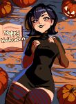  1girl black_hair black_lips blue_eyes book breasts bridal_gauntlets brown_bridal_gauntlets commentary covered_navel dress english_commentary happy_halloween hotel_transylvania jack-o'-lantern lying mavis_dracula medium_breasts medium_hair on_back open_book pear-shaped_figure short_dress smile solo striped_clothes striped_thighhighs thighhighs thisislux turtleneck turtleneck_dress wooden_floor zettai_ryouiki 