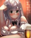  1girl alcohol bare_shoulders beer beer_mug blush breasts cup dirndl embarrassed eyebrows_visible_through_hair flower german_clothes green_eyes hair_flower hair_ornament hair_ribbon highres hololive large_breasts long_hair looking_at_viewer mug official_alternate_costume puffy_short_sleeves puffy_sleeves ribbon shirogane_noel short_sleeves silver_hair solo tavern upper_body virtual_youtuber zetto_(zet5425) 