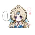  ... 1girl android black_choker blonde_hair blue_sleeves chibi chibi_only choker closed_mouth commentary_request cropped_torso dress expressionless fins frilled_choker frilled_sleeves frills hands_on_own_chest head_fins highres honkai:_star_rail honkai_(series) long_hair looking_at_viewer parted_bangs pearl_(honkai:_star_rail) purple_eyes shio_kuzumochi simple_background solo spoken_ellipsis tiara white_background white_dress 