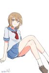  1girl alternate_costume blue_sailor_collar blue_skirt brown_eyes brown_hair commentary_request hair_ornament hairclip highres kantai_collection loafers low_twintails neckerchief one-hour_drawing_challenge pleated_skirt red_neckerchief robinson_(day_l_full) sailor_collar school_uniform serafuku shoes short_sleeves simple_background skirt smile socks solo tashkent_(kancolle) twintails white_background white_socks 