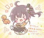  >_< 1girl :d ahoge black_hair black_pantyhose boots bow chibi closed_eyes commentary_request emphasis_lines facing_viewer fold-over_boots green_bow highres hololive jacket knees_together_feet_apart matsurisu mitarashi_neko natsuiro_matsuri natsuiro_matsuri_(1st_costume) navel notice_lines off-shoulder_jacket off_shoulder orange_jacket outstretched_arm pantyhose pleated_skirt polka_dot polka_dot_background puffy_short_sleeves puffy_sleeves shoe_soles short_sleeves side_ponytail skirt smile sparkle translation_request virtual_youtuber white_boots white_skirt xd 