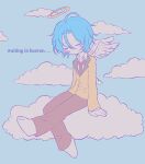  1boy angel angel_wings barefoot blazer blue_hair blush_stickers brown_necktie brown_pants closed_eyes commentary deformed english_text ensemble_stars! foot_dangle hair_between_eyes halo highres jacket layered_sleeves long_sleeves male_focus minnieeeworld necktie no_mouth on_cloud pants pixel_art reimentyuru shirt short_hair sitting sky solo tojo_kaname untranslatable_commentary white_shirt white_wings wings yellow_halo yellow_jacket 