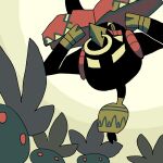  commentary_request face_piercing green_eyes looking_at_viewer no_humans nose_piercing nose_ring oddish piercing pokemon pokemon_(creature) red_eyes saboteri_(savot) tapu_bulu white_background 