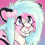 1:1 2026 black_ears black_spots blue_eyes blue_hair bow_ribbon bridge_piercing digital_drawing_(artwork) digital_media_(artwork) eyelashes facial_markings facial_piercing felid female feral freckled_face freckles fur glistening glistening_eyes gradient_background hair head_markings headshot_portrait heart_eyes heart_symbol hi_res highlights_(coloring) jewelry lip_piercing mammal markings multicolored_body multicolored_fur nose_piercing outline pantherine piercing pink_body pink_fur pink_nose portrait scene_haircut shaded simple_background smile snow_leopard sparklefur sparkles sparkling_eyes spots spotted_body spotted_fur tear_(marking) teeth wastepaw whisker_spots