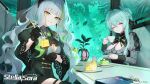  2girls ;) absurdres adelie_cat ahoge aqua_hair black_gloves breasts cake cake_slice cellphone cleavage commentary cup english_commentary firenze_(stella_sora) food fork gloves green_eyes grey_hair grin hair_between_eyes hairband highres holding holding_cup holding_fork holding_saucer juliet_sleeves lace_hairband leaf long_hair long_sleeves looking_at_viewer multicolored_hair multiple_girls nyx_(stella_sora) one_eye_closed phone plant potted_plant puffy_sleeves purple_eyes saucer second-party_source sitting smartphone smile stella_sora streaked_hair table teacup 