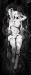 1girl absurdres azur_lane bandages breasts coffin commentary_request elsiriya fancy_(azur_lane) fancy_(grave_of_your_liking)_(azur_lane) from_above full_body greyscale hair_between_eyes halloween_costume highres large_breasts long_bangs long_hair long_hair_between_eyes looking_at_viewer lying monochrome mummy_costume naked_bandage official_alternate_costume on_back parted_lips solo tentacle_between_breasts tentacles variant_set very_long_hair white_eyes white_hair 