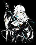  1girl akumi_(yoclesh) andyface breasts cleavage earrings fingerless_gloves gloves hair_between_eyes highres holding holding_sword holding_weapon horns indie_virtual_youtuber jewelry katana large_breasts long_hair looking_at_viewer oni partially_colored scar scar_on_arm scar_on_face scar_on_horns sitting sword very_long_hair virtual_youtuber weapon white_hair yellow_eyes 
