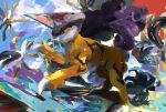  absurdres character_print claws cloud commentary_request day highres ho-oh kanami_(bprod) lugia no_humans orange_eyes outdoors pokemon pokemon_(creature) raikou sky suicune tusks ultra_beast xurkitree yellow_fur 