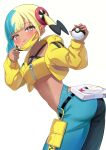  1girl aqua_hair ass bandeau black_mask blonde_hair blue_eyes blush breasts canari_(pokemon) closed_mouth commentary_request criss-cross_straps dark-skinned_female dark_skin highres holding holding_poke_ball jacket leaning_forward long_sleeves looking_at_viewer mask mask_pull mega_stone mouth_mask multicolored_hair multicolored_nails pants poke_ball poke_ball_(basic) pokemon pokemon_legends:_z-a shinori_(efvbji6264) short_twintails simple_background smile solo split-color_clothes split-color_hair sports_bra stomach tongue tongue_out twintails two-tone_hair two-tone_mask two-tone_pants white_background yellow_bandeau yellow_jacket yellow_mask yellow_sports_bra 