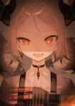  1girl absurdres arknights black_choker bright_pupils brown_hair choker demon_horns fang feathers forehead highres horns ifrit_(arknights) light long_hair looking_at_viewer low_twintails miyama_(tokiwairo8) open_mouth orange_eyes portrait shaded_face solo twintails 