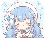  1girl ^_^ beret blue_bow blue_hair bow braid breasts center_frills chibi cleavage cleavage_cutout closed_eyes closed_mouth clothing_cutout commentary_request facing_viewer flower flying_sweatdrops frills hair_flower hair_ornament hat highres hololive large_breasts long_hair mitarashi_neko multicolored_hair pointy_ears shirt sleeveless sleeveless_shirt solo streaked_hair translation_request upper_body very_long_hair virtual_youtuber white_flower white_hat white_shirt yukihana_lamy yukihana_lamy_(1st_costume) 