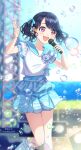  1girl black_hair blue_nails blue_ribbon blue_shorts bubble day fangs fukumaru_koito hair_ribbon highres holding holding_microphone idol idolmaster idolmaster_shiny_colors microphone nail_polish open_mouth outdoors purple_eyes ribbon sailor_collar short_sleeves shorts skin_fangs soap_bubbles solo soramame_tomu stage twintails white_legwear 