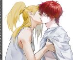  2boys asymmetrical_bangs blonde_hair closed_eyes clothes_lift deidara_(naruto) gggdqp3mq hand_on_another's_chest high_ponytail kiss long_hair male_focus multiple_boys naruto_(series) naruto_shippuuden ponytail red_hair sasori_(naruto) shirt shirt_lift short_hair simple_background white_background white_shirt yaoi 