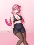  1girl absurdres alternate_costume animal_ears azurecruiser bare_shoulders black_bra blush bra breasts cleavage collarbone commentary english_commentary head_tilt highres hololive hololive_english knees_together_feet_apart large_breasts leaning_back leaning_on_object long_hair looking_at_viewer midriff multicolored_hair office_lady panther_ears panther_girl panther_tail pantyhose pencil_skirt pink_background pink_hair raora_panthera signature simple_background skirt smile solo steam steaming_body streaked_hair sweat tail thighs unbuttoned underwear virtual_youtuber yellow_eyes 
