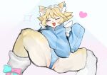absurd_res anthro big_breasts blue_clothing blue_sweater blue_topwear bow_ribbon breasts camel_toe clothing countershading cute_fangs fangs felid feline female furgonomic_piercing furgonomics genitals hair heart_piercing heart_symbol hi_res huge_breasts legwear mammal mooon_mohuo one_eye_closed open_mouth piercing solo spread_legs spreading stockings sweater teeth topwear vulva white_body white_countershading white_frill