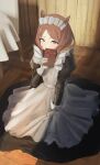  1girl alternate_costume animal_ears apron black_dress box brown_hair commentary_request denryoku_saboten dress enmaided flower_in_eye frilled_apron frills full_body gift gift_box highres holding holding_box horse_ears horse_girl juliet_sleeves long_sleeves looking_at_viewer maid maid_apron maid_headdress puffy_sleeves purple_eyes sakura_laurel_(umamusume) short_hair smile solo swept_bangs symbol_in_eye umamusume waist_apron white_apron 