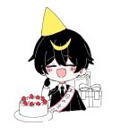  1boy :d birthday_sash black_gloves black_hair black_jacket black_necktie blush box cake closed_eyes collared_shirt dress_shirt facing_viewer food fruit gift gift_box gloves hair_between_eyes hat jacket kinu100kinu kobayashi_luca long_sleeves male_focus mitsudomoe_koubou_(series) necktie open_mouth oshi_no_taisetsuna_hito_ni_narikawaru party_hat shirt short_hair simple_background smile solo strawberry upper_body white_background white_shirt 