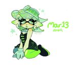  :o black_dress breasts candyje11yfish dated detached_collar dress green_hair green_hat green_leggings hat inkling leggings marie_(splatoon) mole mole_under_eye pointy_ears short_hair sitting sleepy small_breasts splatoon_(series) star_(symbol) white_background 